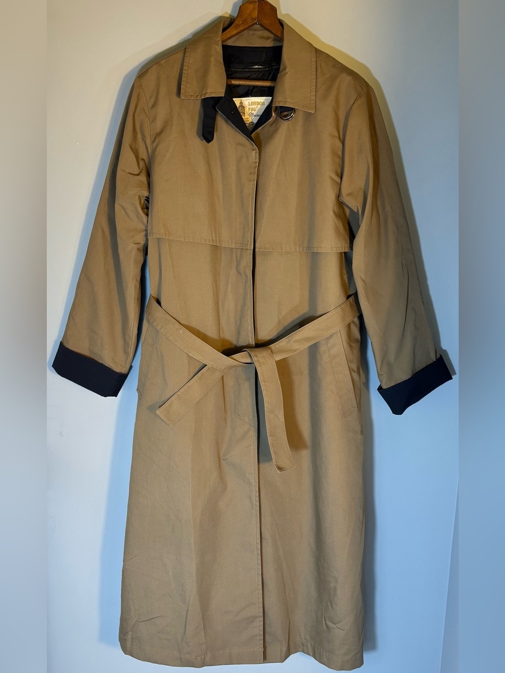 London Fog Women’s 12 Regular Tan Trench Coat with Navy Cuff Trim Made in USA